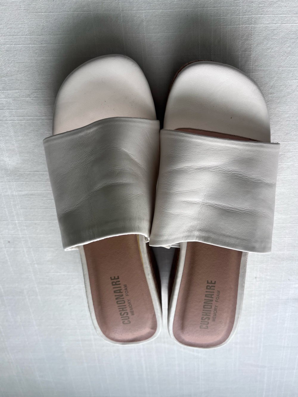 ⁠Cushionaire White Memory Foam Cork Platform Wedge Slide Sandals⁠